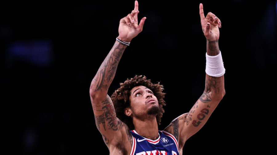 NEW YORK, NEW YORK - OCTOBER 16: Kelly Oubre Jr. #9 of the Philadelphia 76ers reacts during the second quarter of the preseason game against the Brooklyn Nets at Barclays Center on October 16, 2023 in New York City.  (Photo by Dustin Satloff/Getty Images)