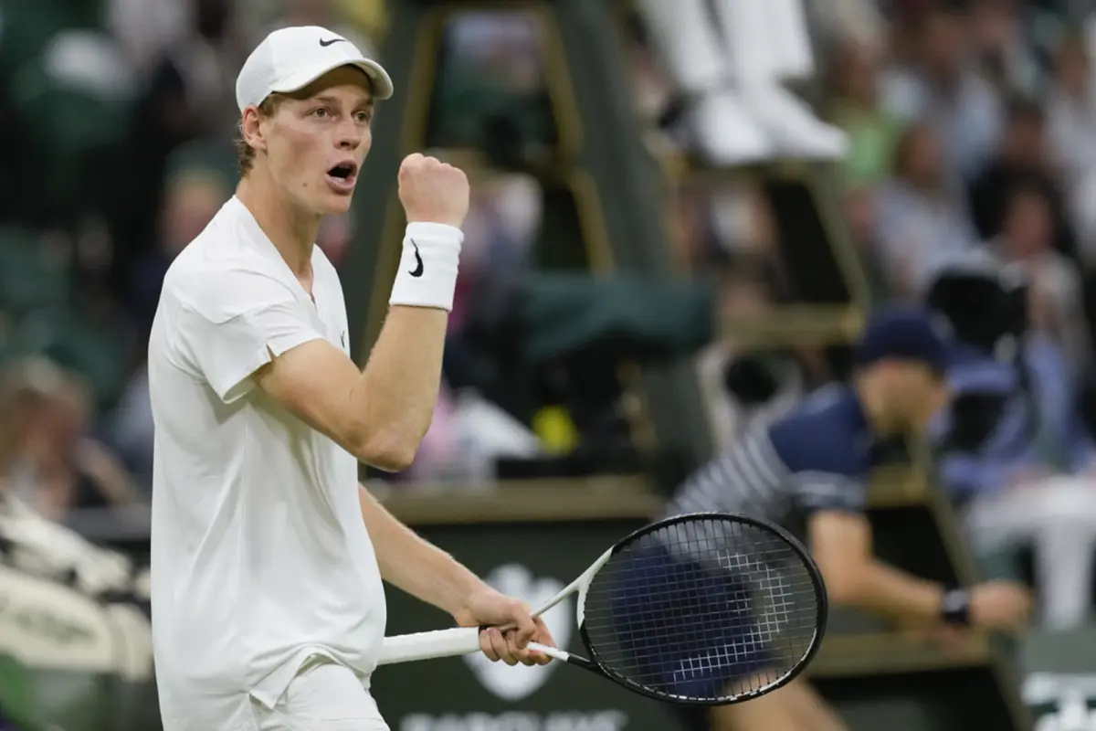 Jannik Sinner reacts after winning a point against Miomir Kecmanovic during their third-round match at Wimbledon on Friday. 